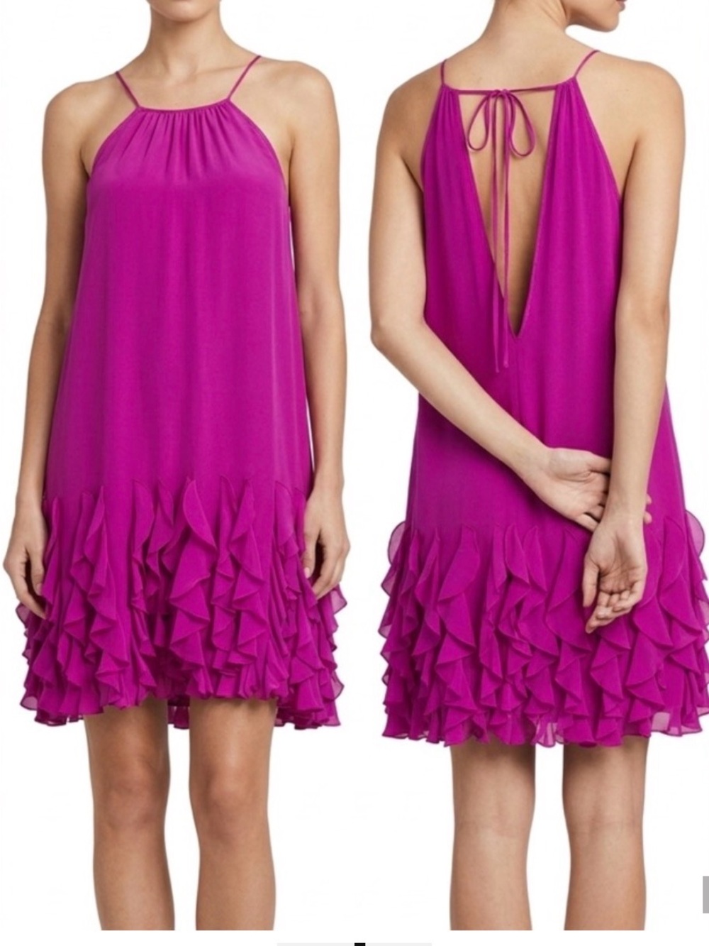Catherine Malandrino Fuchsia Silk Ruffle-Hem Halter Dress Size 10 EUC